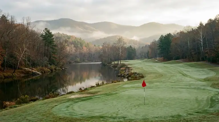 A misty cool-season morning on a golf course: a green with a red flagstick beside a calm river, an empty fairway rolling toward forested foothills in late-autumn color
