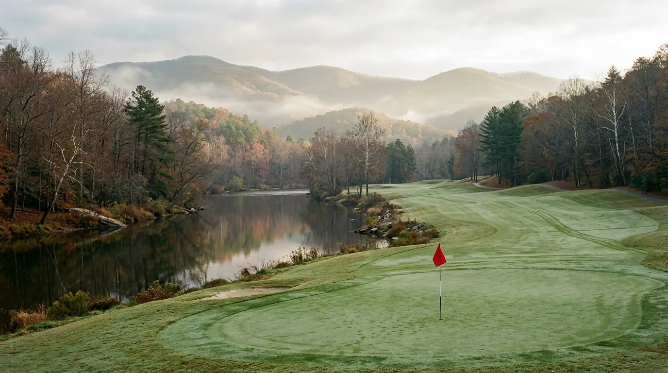 A misty cool-season morning on a golf course: a green with a red flagstick beside a calm river, an empty fairway rolling toward forested foothills in late-autumn color